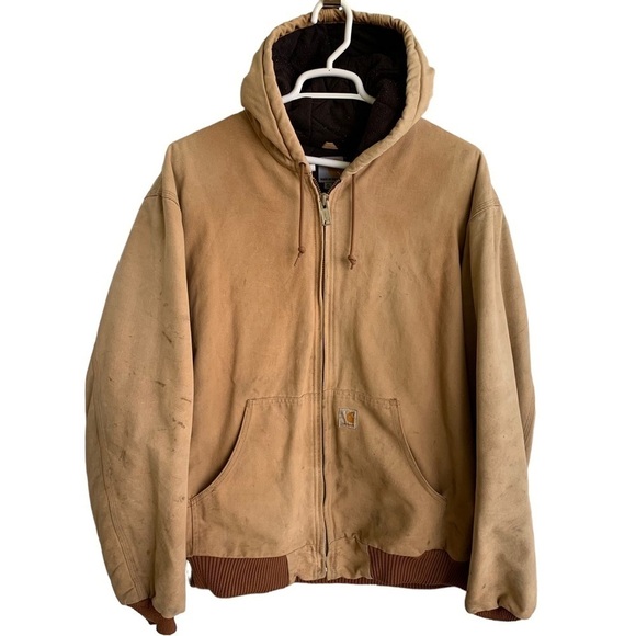 Vintage Carhartt Duck Canvas Distressed Jacket Hooded Quilted XL Tall J140 BRN